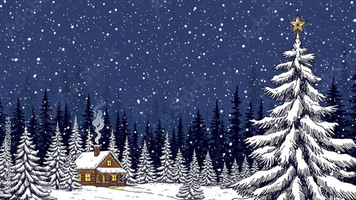 Cozy cabin nestled in snowy winter forest with twinkling Christmas tree, perfect for holiday cards, seasonal promotions, and festive winter designs