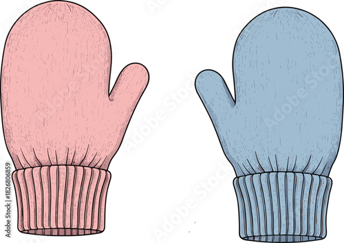 Vector technical sketch of knitted winter mittens in pink and blue, fashion flat drawing, front view design template for apparel accessories tech pack