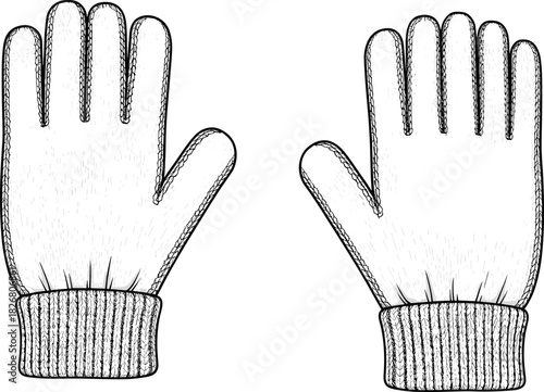 Vector technical sketch of knitted winter gloves, fashion flat drawing, front and back view, wool hand accessory design template for apparel tech pack