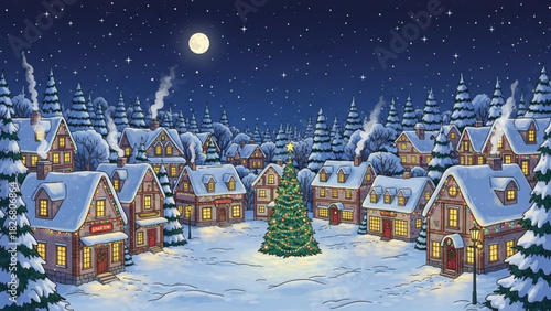 Enchanting winter village scene with snow-covered houses and a brightly lit Christmas tree, radiating joy and holiday cheer under a starry night sky