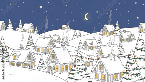 Charming winter village landscape under a starlit night sky, cozy homes and Christmas trees evoke holiday spirit, a vector illustration of peacefulness