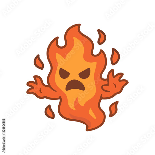 Angry fire spirit character. Flame monster with glowing body. Hot elemental creature illustration.