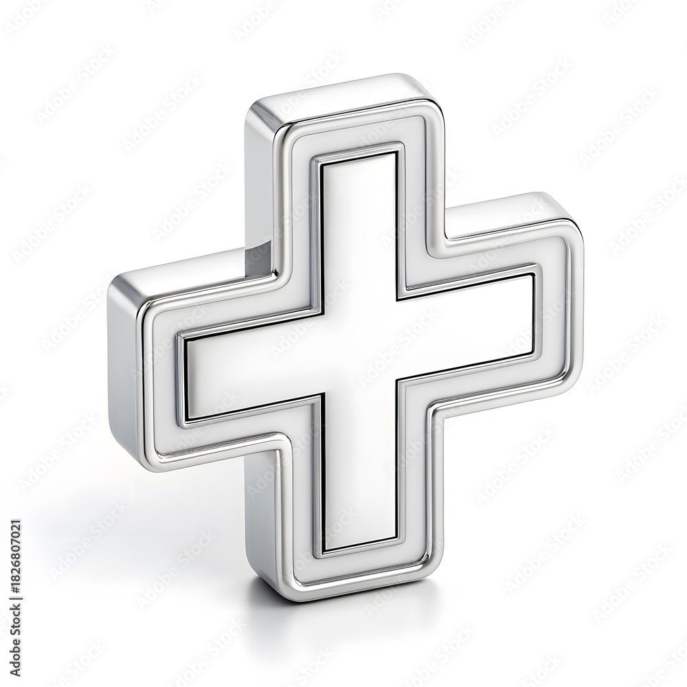 Fototapeta premium Sleek metallic plus sign for health, medicine, or positive concepts, ideal for logos, web design, and healthcare marketing materials with a modern aesthetic