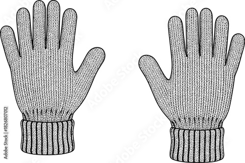 Vector technical sketch of knitted wool gloves, fashion flat drawing, front and back view, winter hand accessory design template for apparel tech pack