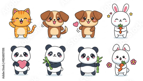 Delightful Cartoon Animals Collection: Cat, Puppy, Panda, and Bunny Characters for Kids' Books, Educational Materials, and Adorable Designs