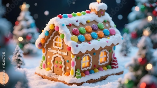 Whimsical gingerbread house decorated with colorful candies and icing
