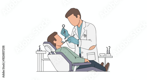 A Dentist Examining a Patient's Teeth with Dental Tools in a Modern Dental Clinic, Flat Illustration