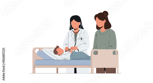 A doctor examines a baby in a hospital bed with a parent standing by, symbolizing medical care and pediatric health in a flat 2D illustration