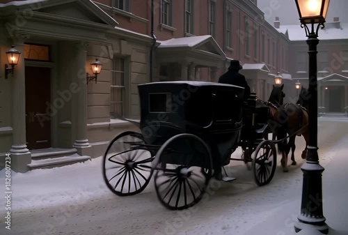 Horse drawn carriage rides down snowy street lined with lit gas lamps in winter scene