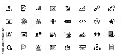 Search engine optimization line icon set. Vector pictograms of ranking factors, website elements, analytics tools, content signals, technical metrics, digital growth and marketing illustration