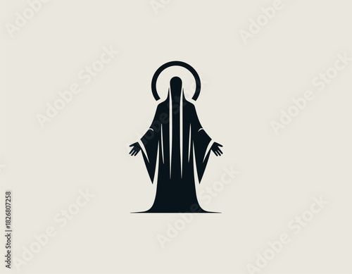 Mystical black vector silhouette of a serene robed figure with a halo, holding a crescent moon shape and a solid orb or planet in its outstretched hands.