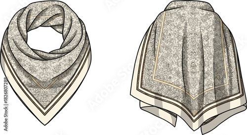 Vector technical sketch of patterned square scarf, fashion flat drawing, front and back view, luxury ornamental bandana design template for accessory tech pack