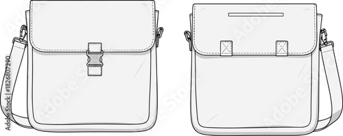 Vector technical sketch of white shoulder bag, fashion flat drawing, front and back view, crossbody satchel design template with buckle for accessory tech pack