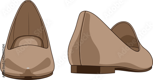 Vector technical sketch of women's beige ballet flats, fashion drawing, front and back view, classic shoe design template for footwear accessories tech pack