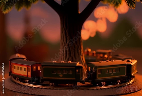 Toy train set with smoke under a tree on a circular track in warm lighting at sunset scene
