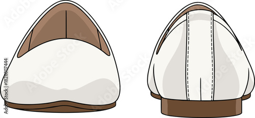 Vector technical sketch of women's white ballet flats, fashion drawing, front and back view, classic shoe design template for footwear accessories tech pack