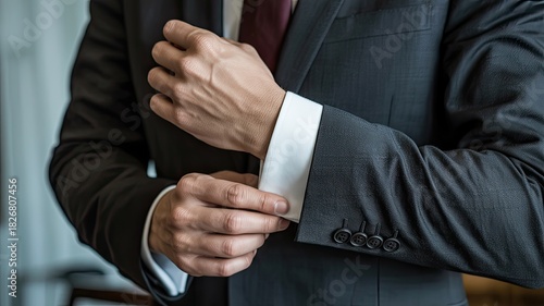 A businessman in a suit adjusts his cufflink on his white shirt sleeve, preparing for an important meeting today