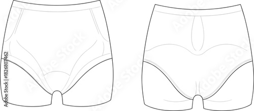 Vector technical sketch of women's underwear, fashion flat drawing, front and back view, high waist panties design template, female apparel illustration for garment tech pack