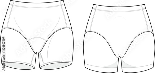 Women's padded cycling shorts vector illustration, technical fashion flat sketch, activewear undergarment template, front and back views, isolated garment outline drawing, apparel design mock up