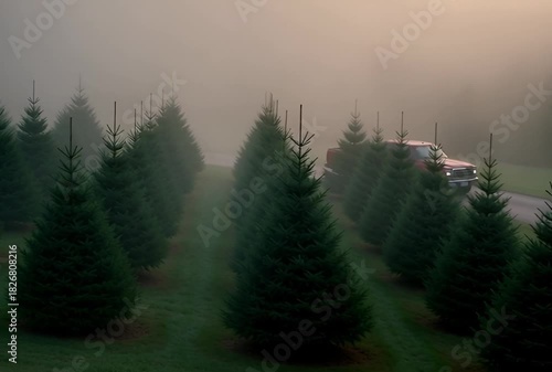 Rows of evergreen trees shrouded in thick fog with a building barely visible in the background