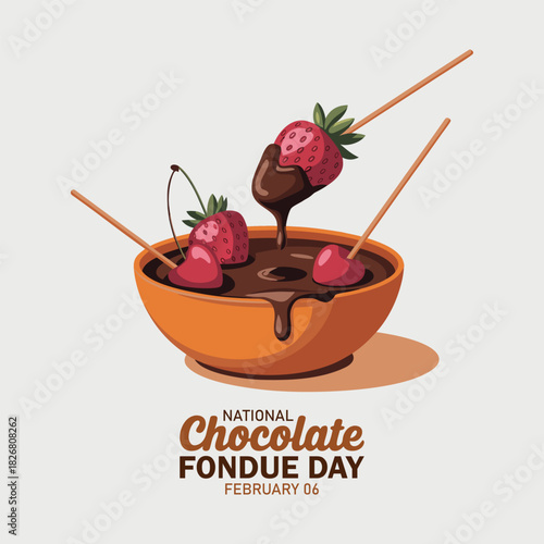 National Chocolate Fondue Day to celebrate on February 5th. One bowl contains liquid chocolate, strawberries and cherries on white background. Food event banner.