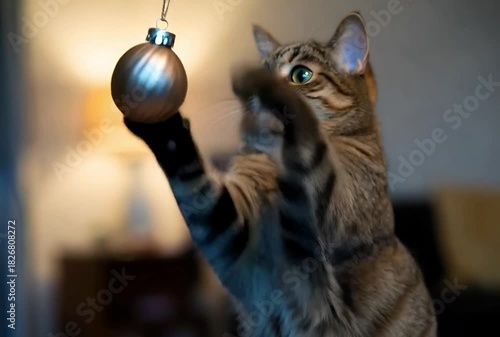 Tabby cat reaching for a christmas ornament with open mouth in a blurred indoor background