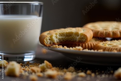 Still life of a glass of milk and a plate of crackers with a bite taken out of one cracker