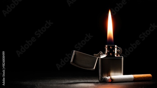A lighter ignites a flame next to a smoldering cigarette in the dark