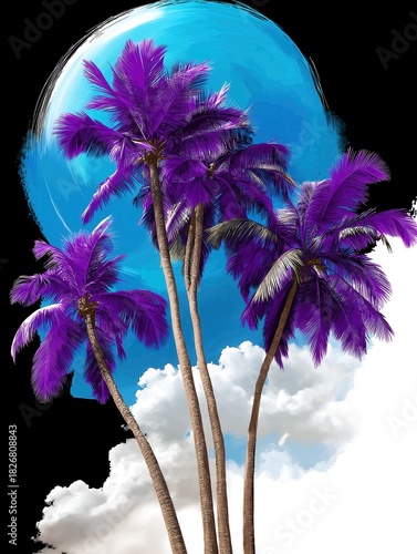 Illustration of tall palm trees with vibrant purple leaves set against a bright blue circle and white clouds. Tropical paradise concept.