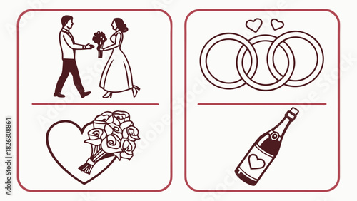 Elegant brown line art wedding and romance icons: couple, rings, bouquet, champagne bottle.