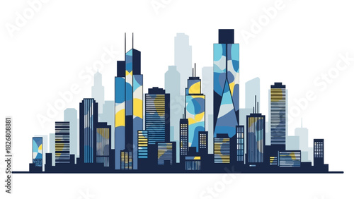 Modern Cityscape Skyline with Abstract Geometric Buildings and Urban Architecture.