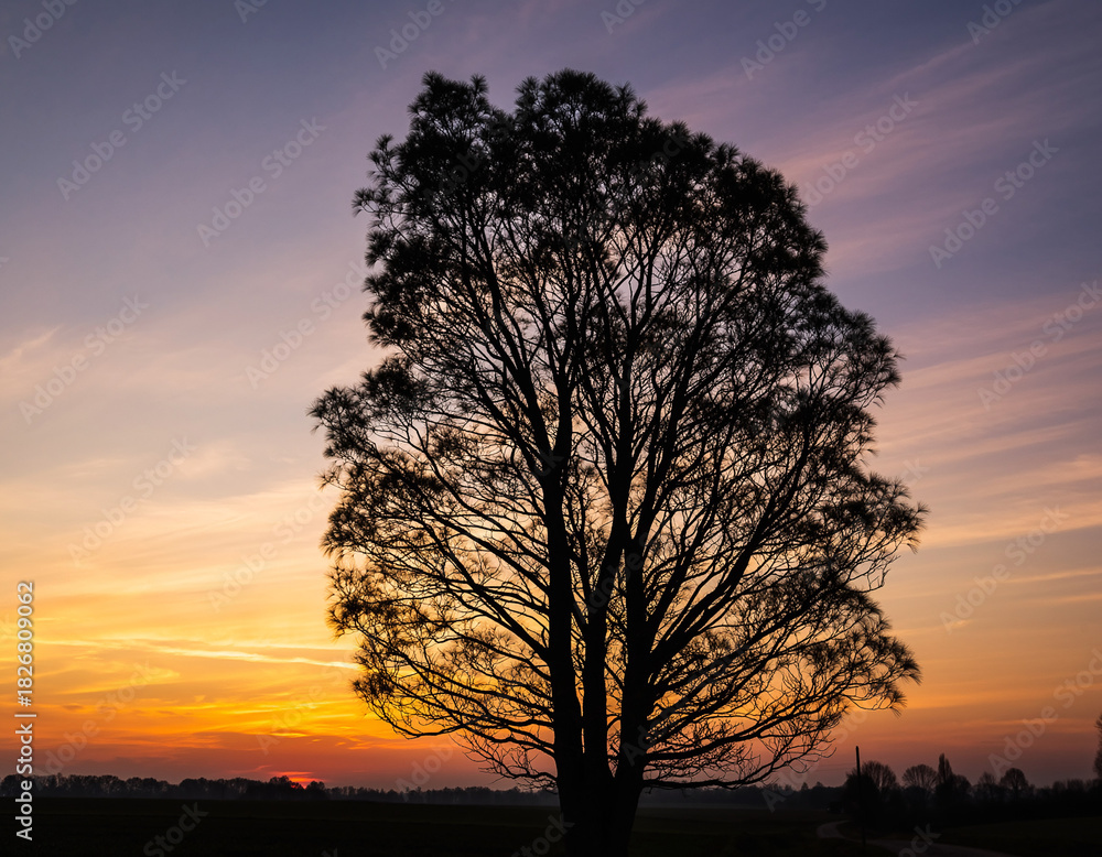 Fototapeta premium Silhouette of a Tree Against a Vivid Sunset Sky Nature's Beauty, Golden Hour, Serene Landscape, Dusk, Orange, Purple Hues.