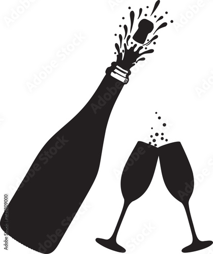 champagne bottle popping with sparkling burst and clinking glasses in bold festive celebration illustration