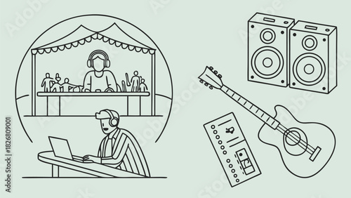 Monochromatic outline illustration of music event elements: DJ booth, speakers, acoustic guitar, ticket, and person with laptop.