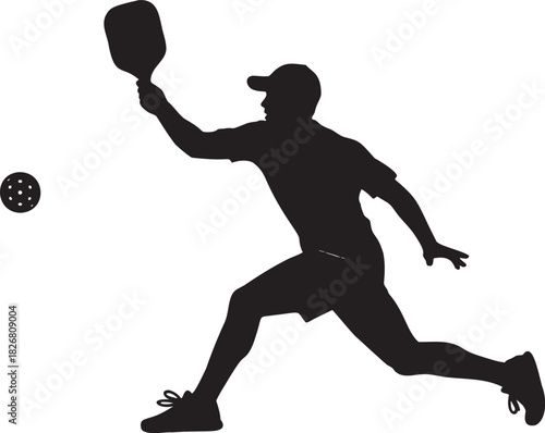 pickleball player silhouette performing active hitting pose in dynamic sports themed minimal illustration