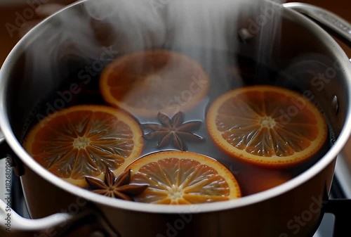 Steaming pot with orange slices and star anise simmering on a stovetop burner close up view