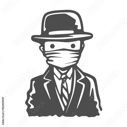 Anonymous Figure: A shadowy monochrome illustration depicts an enigmatic individual concealed behind a mask, dressed in a hat and a suit. This image evokes mystery and intrigue.