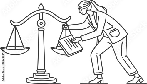 Line Art: Woman Balancing Scales of Justice with Documents