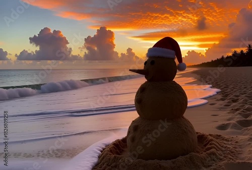 Ocean waves gently rolling onto a sandy beach under a colorful sunrise sky with fluffy clouds