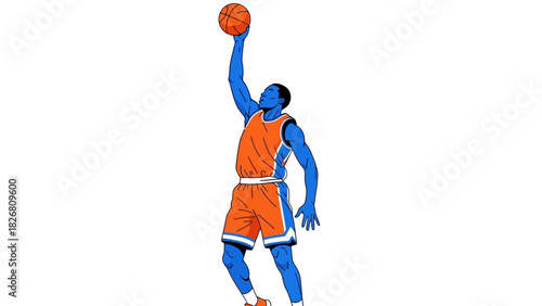 Stylized blue basketball player in an orange uniform jumping to score.