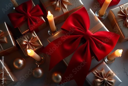 Gifts with red and gold bows and candles creating a festive holiday atmosphere present arrangement