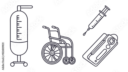 Medical Equipment Line Art: IV Drip, Wheelchair, Syringe, Defibrillator