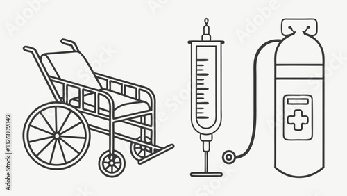 Outlined Medical Equipment: Wheelchair, Syringe, and Oxygen Tank Illustration