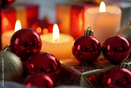Festive christmas scene with red ornaments and glowing candles creating a warm ambiance light 100