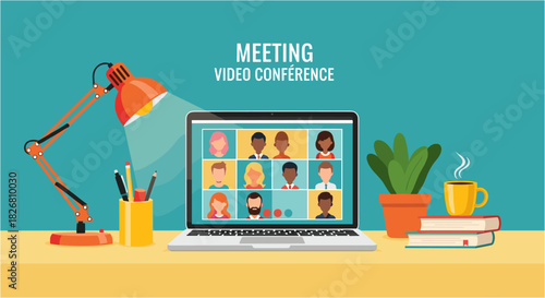 Virtual team video conference on laptop screen with coffee and lamp in bright office for remote work lifestyle