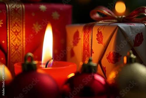 Festive christmas scene with a glowing candle gifts and ornaments creating a warm atmosphere