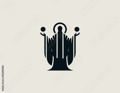Mystical black vector silhouette of a serene robed figure with a halo, holding a crescent moon shape and a solid orb or planet in its outstretched hands.