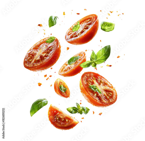 Sliced tomatoes and basil leaves in motion