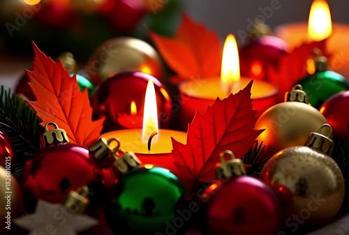 Festive christmas arrangement with ornaments leaves and glowing candles creating a warm ambience