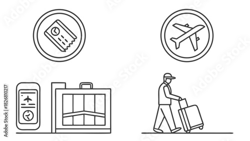 Minimalist line art icons: airplane, boarding pass, baggage scanner, and traveler with luggage.